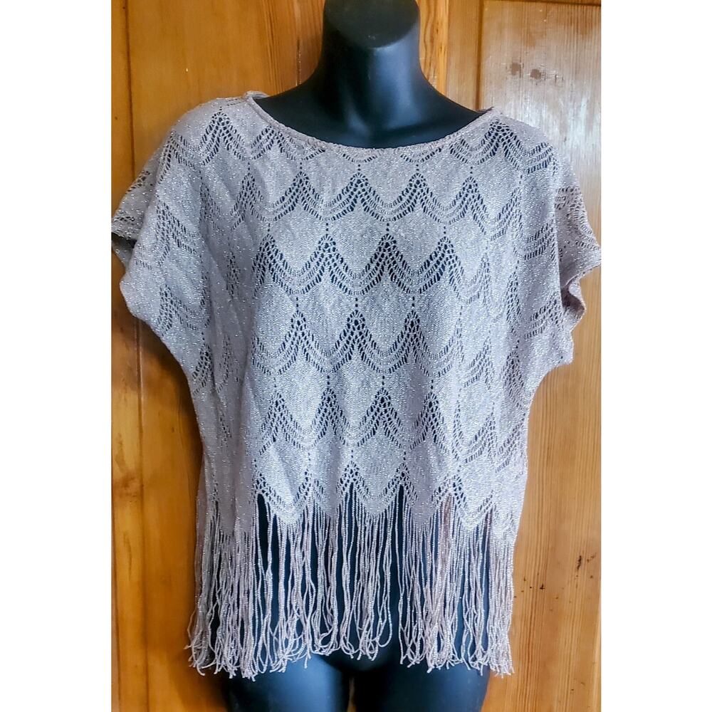 Maurices Knit Fringe Blouse Metallic Short Sleeve Top Taupe Sheer Boho Chic Lg